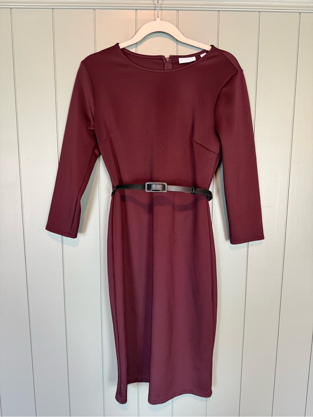 New York & Company Wine Midi Sheath Dress with Slim Black Belt